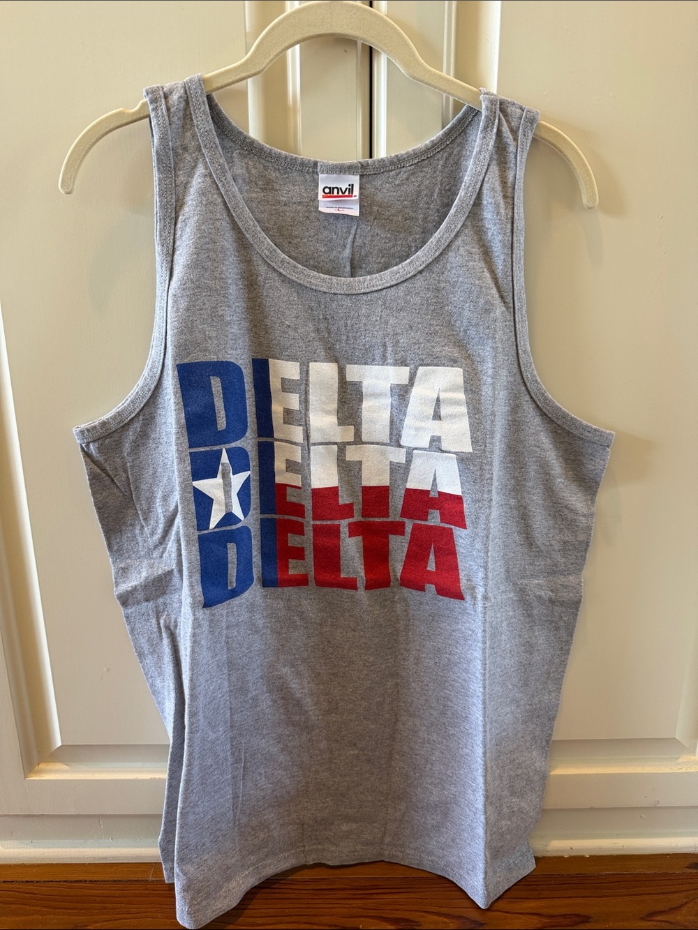 Lg Tri Delta sorority Grey Tank with Red White Blue 'Delta' Graphic - Texas flag
